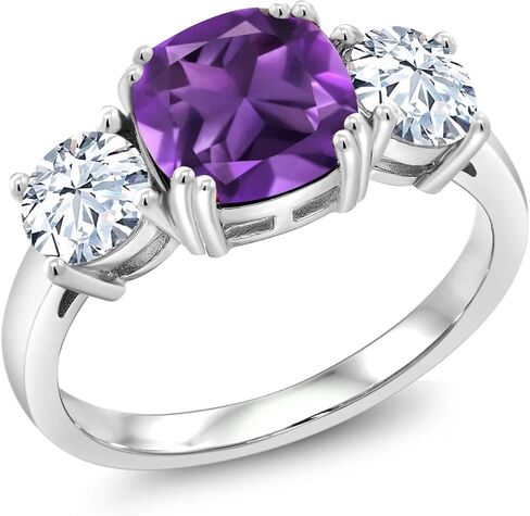 Gem Stone King 3.60 Cttw Purple Amethyst 3-Stone Engagement Ring For Women | 925 Sterling Silver | Gemstone Birthstone | Cushion 8MM | 3 Stone Wedding Engagement Anniversary Ring in Saudi Arabia