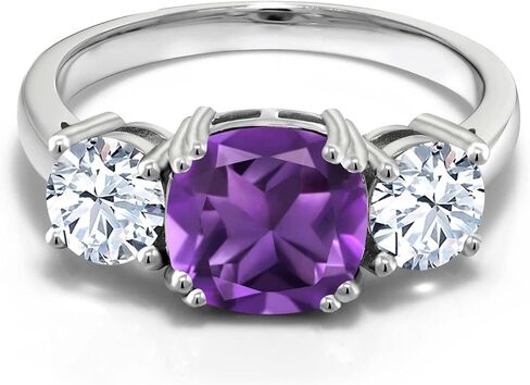 Gem Stone King 3.60 Cttw Purple Amethyst 3-Stone Engagement Ring For Women | 925 Sterling Silver | Gemstone Birthstone | Cushion 8MM | 3 Stone Wedding Engagement Anniversary Ring in Saudi Arabia