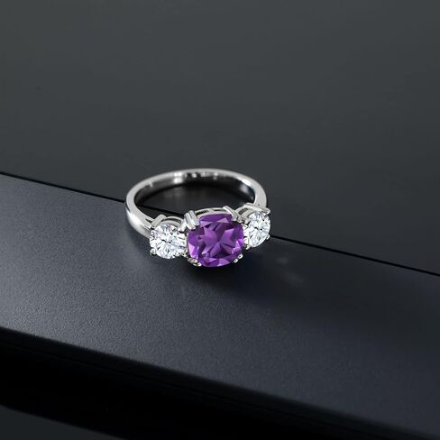 Gem Stone King 3.60 Cttw Purple Amethyst 3-Stone Engagement Ring For Women | 925 Sterling Silver | Gemstone Birthstone | Cushion 8MM | 3 Stone Wedding Engagement Anniversary Ring in Saudi Arabia