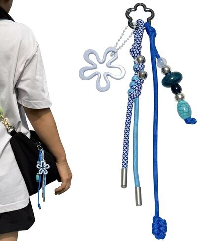 سلسلة مفاتيح ملونة مضفرة يدويًا مع خرز - إكسسوار لطيف لحقائب الظهر وحقائب اليد وحقائب اليد الكبيرة - للنساء والفتيات باللون الأزرق in Kuwait