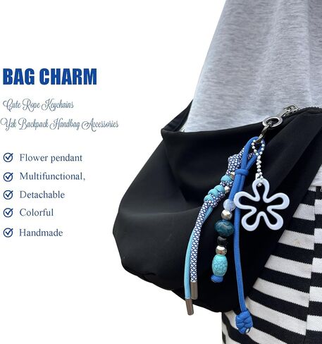 سلسلة مفاتيح ملونة مضفرة يدويًا مع خرز - إكسسوار لطيف لحقائب الظهر وحقائب اليد وحقائب اليد الكبيرة - للنساء والفتيات باللون الأزرق in Kuwait