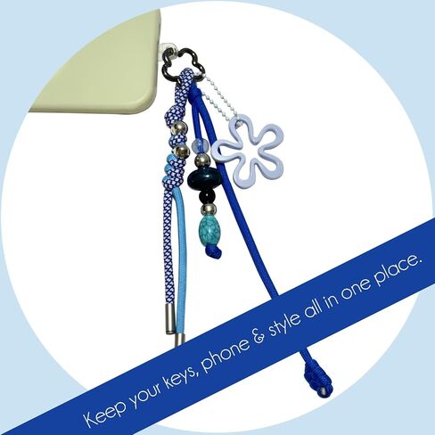 سلسلة مفاتيح ملونة مضفرة يدويًا مع خرز - إكسسوار لطيف لحقائب الظهر وحقائب اليد وحقائب اليد الكبيرة - للنساء والفتيات باللون الأزرق in Kuwait