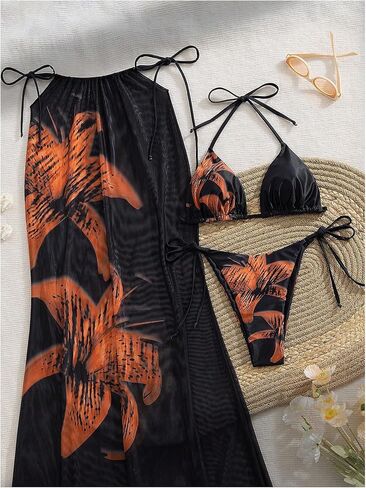 Milumia Women's 3 Piece Tropical Floral Print Swimsuit Triangle Halter Bikini Sets with Cover Up Skirt in Saudi Arabia