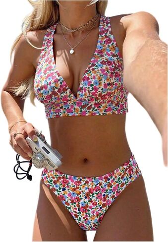 Milumia Women's 2 Piece Ditsy Floral Swimsuit Deep V Neck Criss Cross Tie Back Bathing Suits in Saudi Arabia