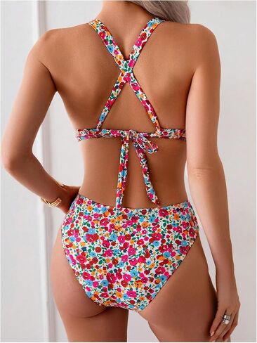 Milumia Women's 2 Piece Ditsy Floral Swimsuit Deep V Neck Criss Cross Tie Back Bathing Suits in Saudi Arabia