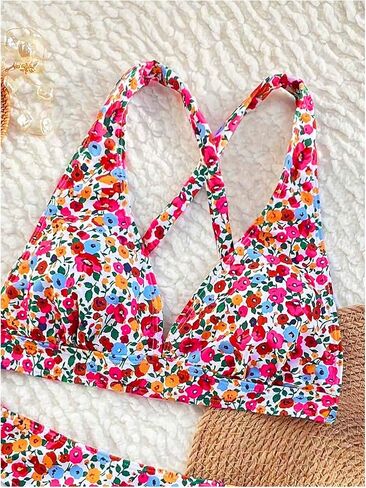Milumia Women's 2 Piece Ditsy Floral Swimsuit Deep V Neck Criss Cross Tie Back Bathing Suits in Saudi Arabia