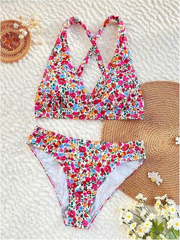 Milumia Women's 2 Piece Ditsy Floral Swimsuit Deep V Neck Criss Cross Tie Back Bathing Suits in Saudi Arabia