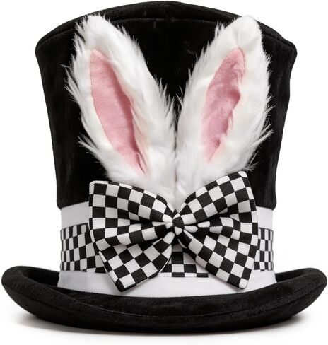 قبعة زي Mad Hatter مع قوس مربعات، قبعة سوداء مع آذان أرنب بيضاء وجزء داخلي وردي، إكسسوار أزياء نسائية لاحتفالات عيد الفصح وحفلات الربيع in Saudi Arabia