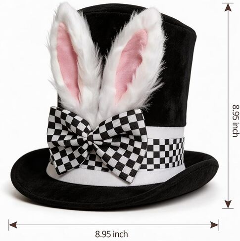 قبعة زي Mad Hatter مع قوس مربعات، قبعة سوداء مع آذان أرنب بيضاء وجزء داخلي وردي، إكسسوار أزياء نسائية لاحتفالات عيد الفصح وحفلات الربيع in Saudi Arabia