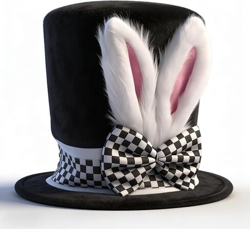قبعة زي Mad Hatter مع قوس مربعات، قبعة سوداء مع آذان أرنب بيضاء وجزء داخلي وردي، إكسسوار أزياء نسائية لاحتفالات عيد الفصح وحفلات الربيع in Saudi Arabia