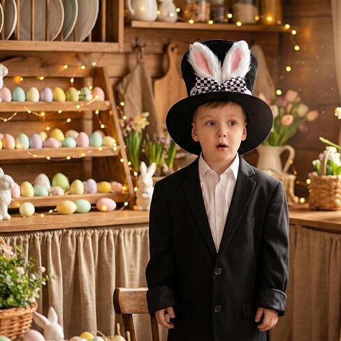 قبعة زي Mad Hatter مع قوس مربعات، قبعة سوداء مع آذان أرنب بيضاء وجزء داخلي وردي، إكسسوار أزياء نسائية لاحتفالات عيد الفصح وحفلات الربيع in Saudi Arabia