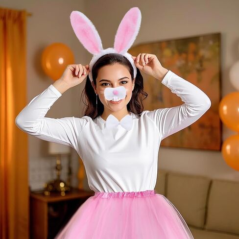 hoyuwak 5Pcs Easter Bunny Costume Set Includes Rabbit Ear Headband Nose Pink Tutu Skirt Bow Tie and Tail for Women Cosplay in Saudi Arabia