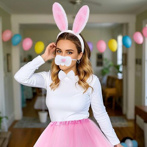 hoyuwak 5Pcs Easter Bunny Costume Set Includes Rabbit Ear Headband Nose Pink Tutu Skirt Bow Tie and Tail for Women Cosplay in Saudi Arabia