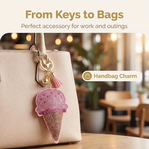 Cute Ice Cream Bling Keychain for Women, Sparkly Rhinestone Keychain Bag Charm, Crystal Keyring, Purse Accessory Gift in Saudi Arabia