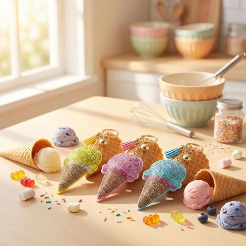 Cute Ice Cream Bling Keychain for Women, Sparkly Rhinestone Keychain Bag Charm, Crystal Keyring, Purse Accessory Gift in Saudi Arabia