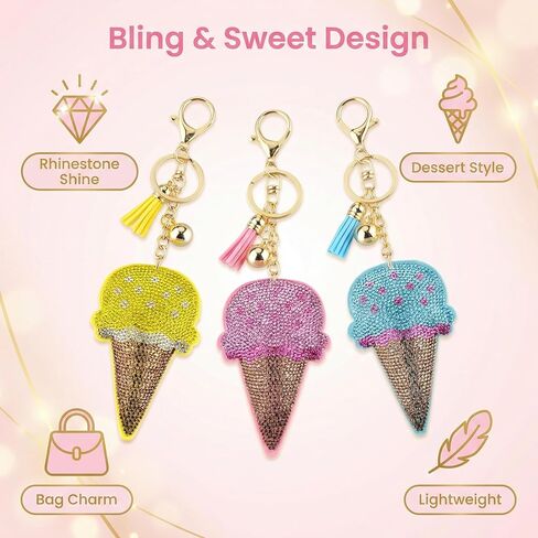Cute Ice Cream Bling Keychain for Women, Sparkly Rhinestone Keychain Bag Charm, Crystal Keyring, Purse Accessory Gift in Saudi Arabia
