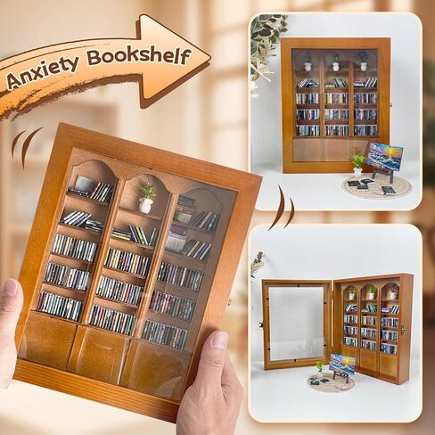 رف كتب للقلق - رف كتب صغير لتخفيف القلق مع سجادة ونباتات و260 كتابًا صغيرًا، مكتبة مصغرة مزخرفة، زينة لتخفيف التوتر لمحبي الكتب، زينة لتخفيف التوتر لديكور المنزل والمكتب in Kuwait