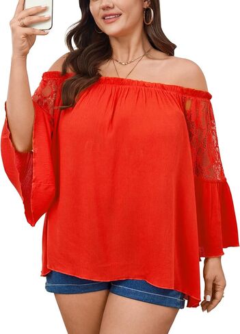 Women's Plus Size Off The Shoulder Top 3/4 Bell Lace Sleeve Summer Casual Boho Blouse Flowy Textured Peasant Shirt in Kuwait