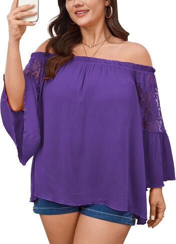 Women's Plus Size Off The Shoulder Top 3/4 Bell Lace Sleeve Summer Casual Boho Blouse Flowy Textured Peasant Shirt in Saudi Arabia