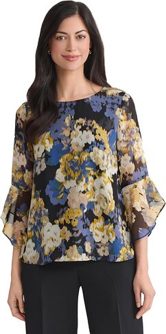 Kasper Women's Multi Floral Print Ruffle Sleeve Blouse in Saudi Arabia