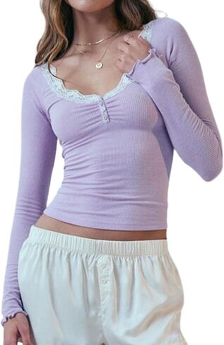 Women Y2K Fairy Grunge Lace Trim Ribbed Knit Henley Top Vintage Slim Scoop Neck Button Up Long Sleeve Tee Shirt in Saudi Arabia