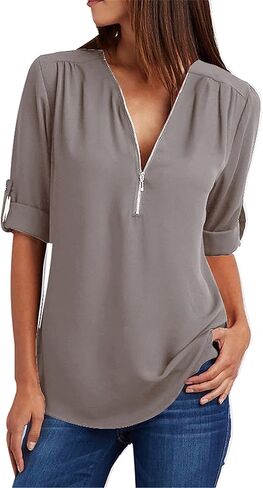 YMING Womens Casual Zipper Chiffon Blouse Long Sleeve Loose Fit Shirt V Neck Solid Color Tops Plus Size in Kuwait