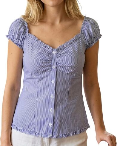 Women Y2k Fairy Grunge Shirts Puff Sleeve Button-up Ruffle Hem Babydoll Tops Coquette Aesthetic Tee Shirt in Saudi Arabia