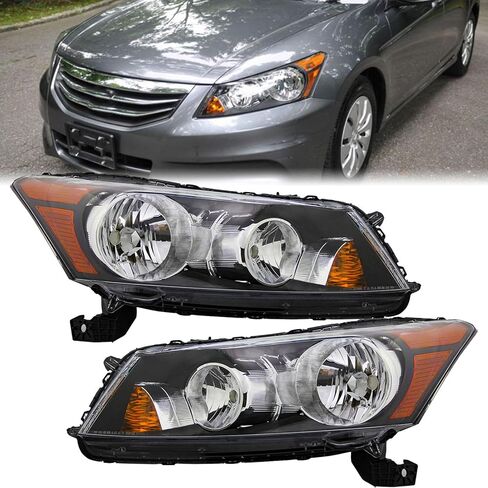 Headlights Assembly Compatible with 2008-2012 Honda Accord 4-Door Sedan Black Housing with Amber Reflector Factory Style Driver and Passenger Side in Saudi Arabia