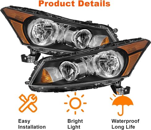 Headlights Assembly Compatible with 2008-2012 Honda Accord 4-Door Sedan Black Housing with Amber Reflector Factory Style Driver and Passenger Side in Saudi Arabia