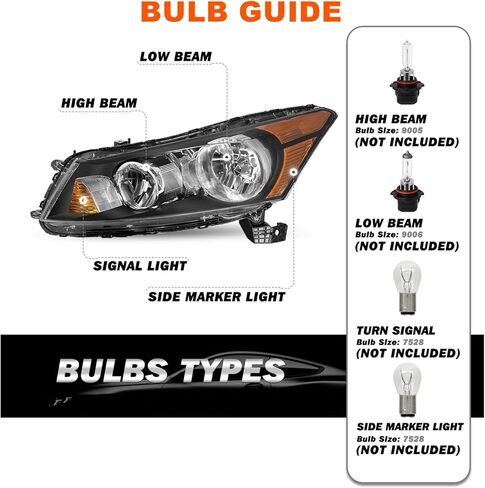 Headlights Assembly Compatible with 2008-2012 Honda Accord 4-Door Sedan Black Housing with Amber Reflector Factory Style Driver and Passenger Side in Saudi Arabia
