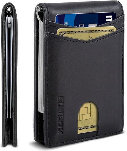 RUNBOX Genuine Leather Wallet for Men 12 Cards Slim Money Clip Mens Wallet Bifold Rfid Blocking with 2 ID Windows Card Holder Wallet with Gift Box in Kuwait