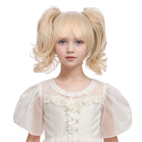 Child Blonde Two Ponytail Wig Kids Short Light Blonde Wavy Curly Anime Wig with Bangs Heat Resistant Synthetic Wig with Wig Cap in Kuwait