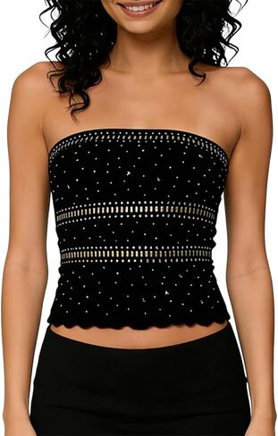 Amiblvowa Women Beaded Tube Tops Strapless Sleeveless Backless Y2k Slim Fit Crop Bandeau Embellished Studded Sexy Fitted Vest in Saudi Arabia