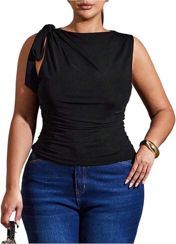 WDIRARA Women's Plus Size Tie Shoulder Tank Top Asymmetrical Neck Sleeveless Tops in Saudi Arabia