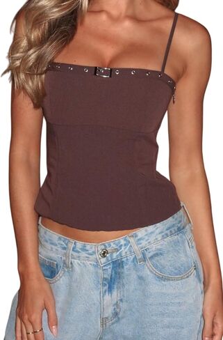 Women Y2k Buckle Top Spaghetti Strap Square Neck Bustier Tank Tops Summer Going Out Top in Saudi Arabia