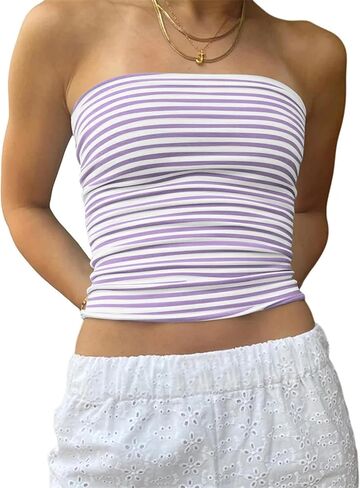 BAIGRAM Women Striped Tube Tops Summer Cute Going Out Crop Top Y2K Slim Fit Strapless Cropped Shirts Bandeau in Kuwait