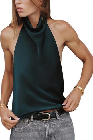 Giraropa Women Silk Satin Halter Top Mock Neck Draped Front Backless Sleeveless Tank Tops Elegant Shirt in Kuwait