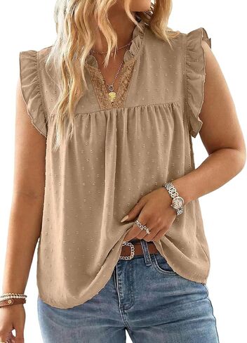 بلوزات صيفية نسائية من AlvaQ بمقاس كبير ورقبة على شكل حرف V منقط سويسري بدون أكمام مكشكشة in Kuwait