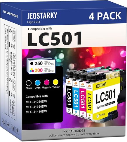 خراطيش حبر LC501 متوافقة مع خراطيش حبر Brother LC501 تعمل حبر LC501XL LC501 مع طابعة Brother MFC-J1360DW MFC-J1410DW MFC-J1260W (أسود/سماوي/أرجواني/أصفر، 4 عبوات) in Kuwait