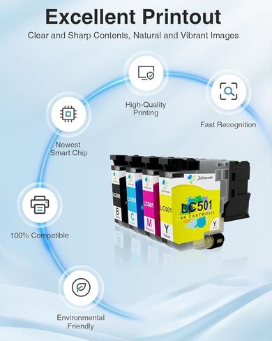 خراطيش حبر LC501 حبر سلسلة LC501 متوافق مع خراطيش حبر Brother LC501XL LC 501 لطابعة Brother MFC-J1360DW MFC-J1260W MFC-J1410DW (4 عبوات، أسود سماوي أرجواني أصفر) in Kuwait
