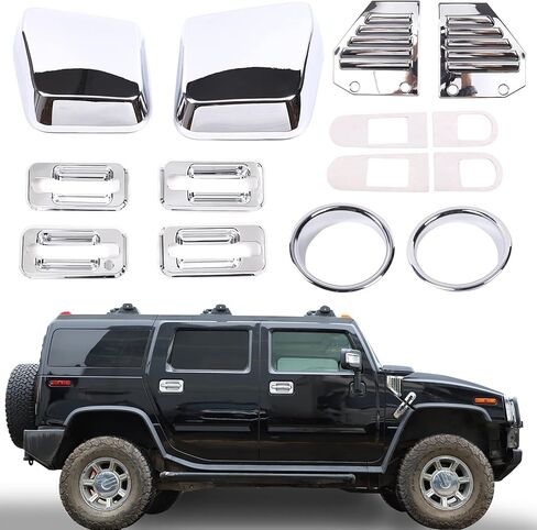 PIUGILH 14 قطعة مجموعة كاملة من الديكور الخارجي لـ Hummer H2 2003-2009، غطاء فتحة تهوية جانبية لغطاء مدخل الهواء، مقبض الباب الخارجي وغطاء ضوء مصباح الضباب الأمامي، جميل وعصري، فضي in Saudi Arabia