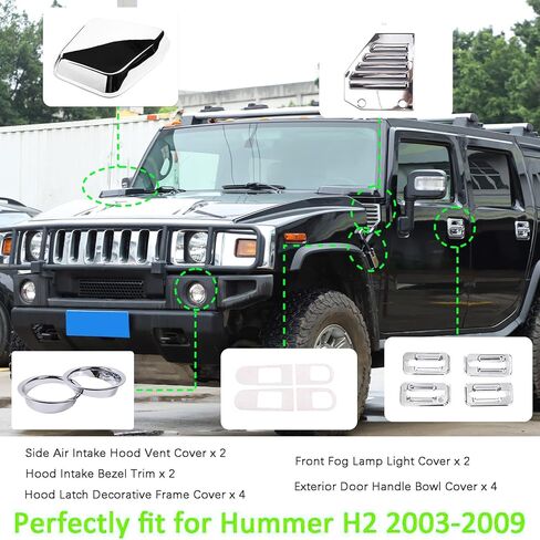 PIUGILH 14 قطعة مجموعة كاملة من الديكور الخارجي لـ Hummer H2 2003-2009، غطاء فتحة تهوية جانبية لغطاء مدخل الهواء، مقبض الباب الخارجي وغطاء ضوء مصباح الضباب الأمامي، جميل وعصري، فضي in Saudi Arabia