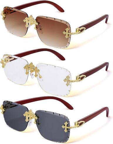 JATEBI 3 Pack Fashion Rectangle Rimless Sunglasses, Fashion Y2K Rimless Sunglasses with Triple Cross for Men Women, UV400 Frameless Sun Glasses for Streetwear Gift Party Dance Trendy Outfits in Saudi Arabia