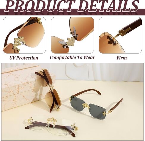 JATEBI 3 Pack Fashion Rectangle Rimless Sunglasses, Fashion Y2K Rimless Sunglasses with Triple Cross for Men Women, UV400 Frameless Sun Glasses for Streetwear Gift Party Dance Trendy Outfits in Saudi Arabia