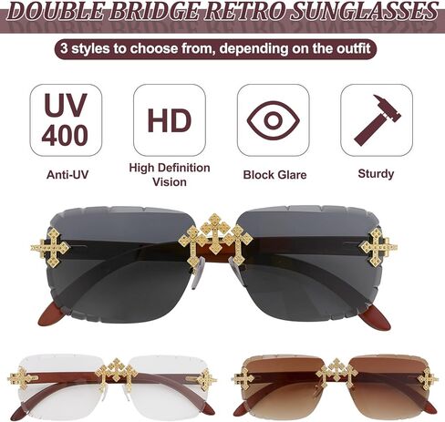 JATEBI 3 Pack Fashion Rectangle Rimless Sunglasses, Fashion Y2K Rimless Sunglasses with Triple Cross for Men Women, UV400 Frameless Sun Glasses for Streetwear Gift Party Dance Trendy Outfits in Saudi Arabia