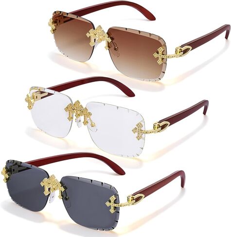 JATEBI 3 Pack Fashion Rectangle Rimless Sunglasses, Fashion Y2K Rimless Sunglasses with Triple Cross for Men Women, UV400 Frameless Sun Glasses for Streetwear Gift Party Dance Trendy Outfits in Saudi Arabia