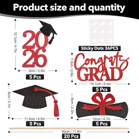 20 PCS 2024 Graduation Party Decorations Set,Class of 2024 Double Sided Graduation Centerpiece Stick Glitter for Tables,Table Toppers,Party Accessories,Black/Gold in Kuwait