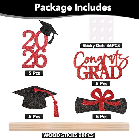 20 PCS 2024 Graduation Party Decorations Set,Class of 2024 Double Sided Graduation Centerpiece Stick Glitter for Tables,Table Toppers,Party Accessories,Black/Gold in Kuwait
