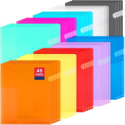 45PCS Clear Document Folders (Multiple Colors) Colored Plastic Project Pockets, Transparent Plastic File Sleeves, L-Type Plastic Folders for Letter Size A4 Paper, School Office Supplies in Kuwait