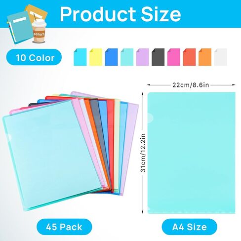 45PCS Clear Document Folders (Multiple Colors) Colored Plastic Project Pockets, Transparent Plastic File Sleeves, L-Type Plastic Folders for Letter Size A4 Paper, School Office Supplies in Kuwait